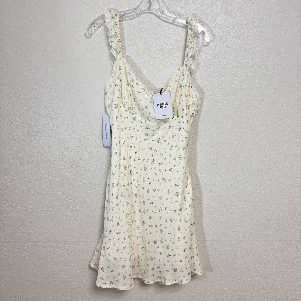 Princess Polly Beacall Mini Dress Women Size 12 Multi Floral Cotton Ruffle Lace
